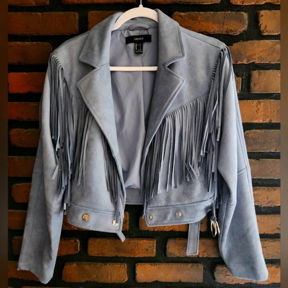Forever 21 blue sued fringe jacket